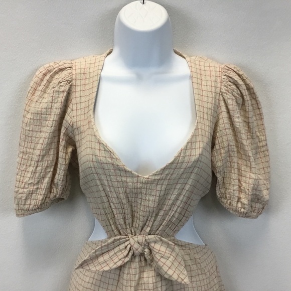 Zara Bow Front Cut Out Puff Sleeve Dress Tan - Picture 3 of 9